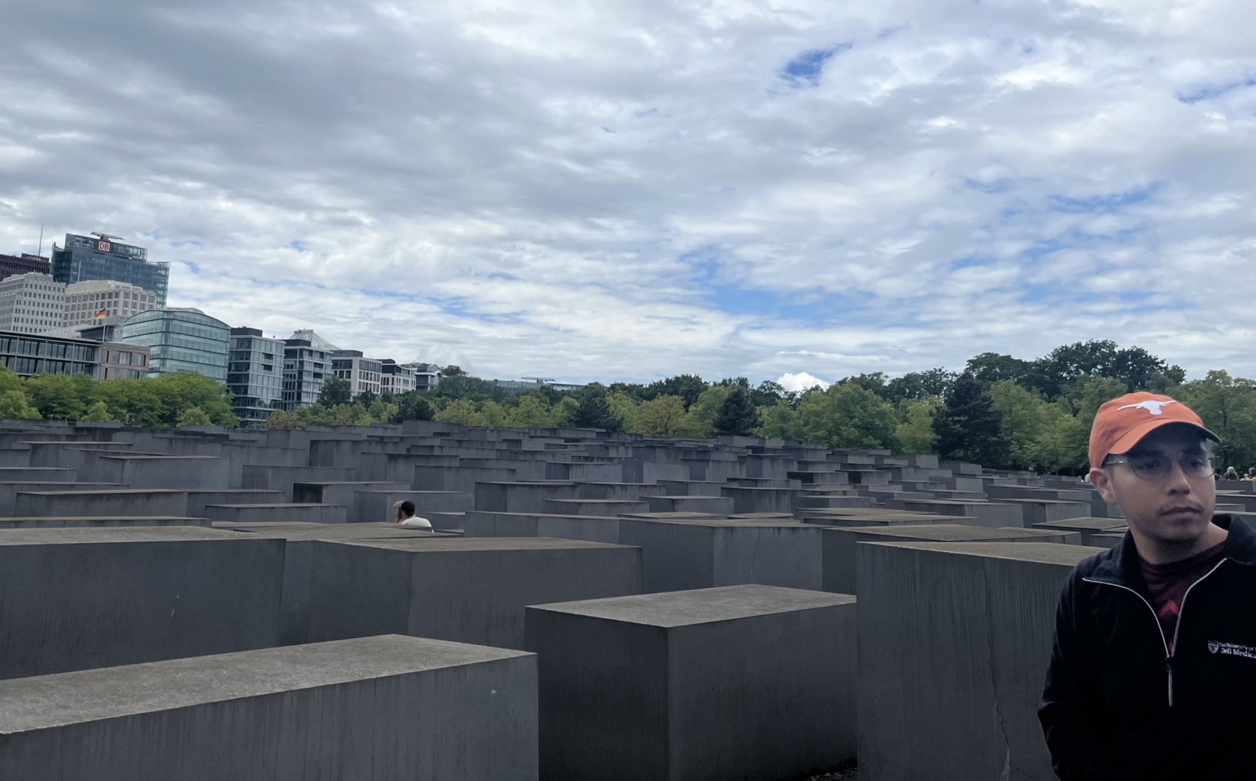 A Dell Medical School student walks through the Memorial to the Murdered Jews of Europe.